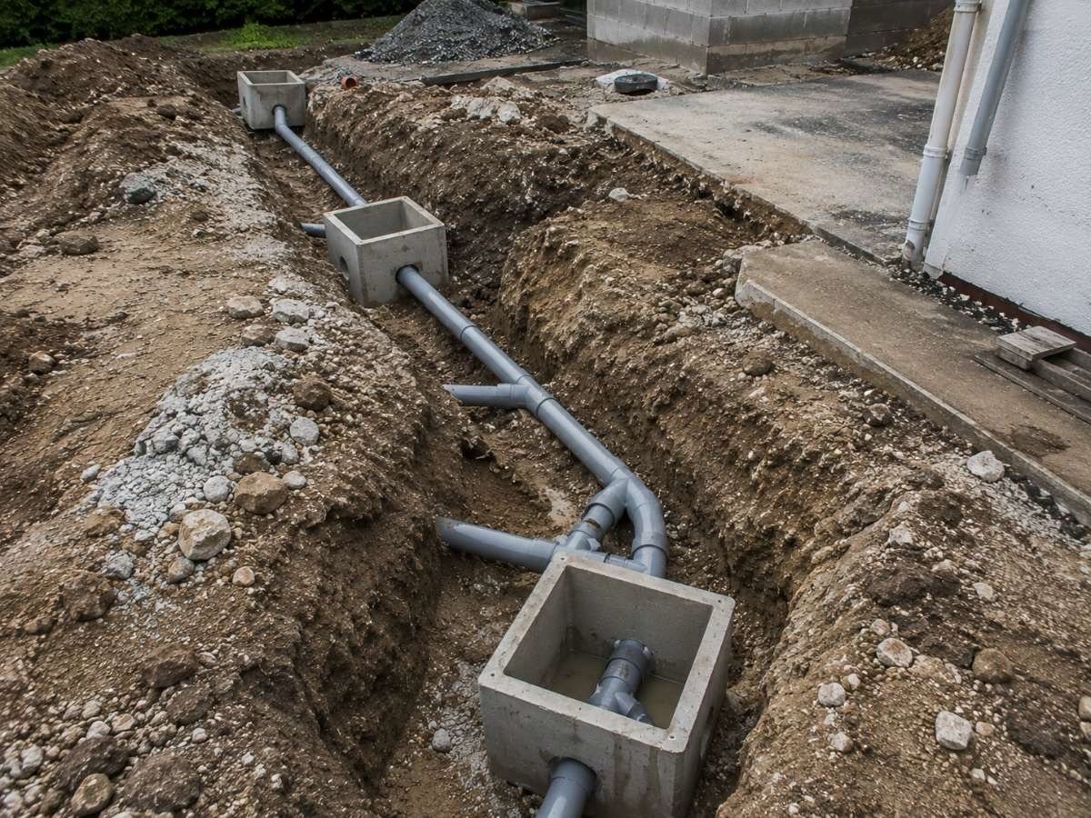 Tranchée de réseau d'assainissement avec regards en béton, EMS Pavage